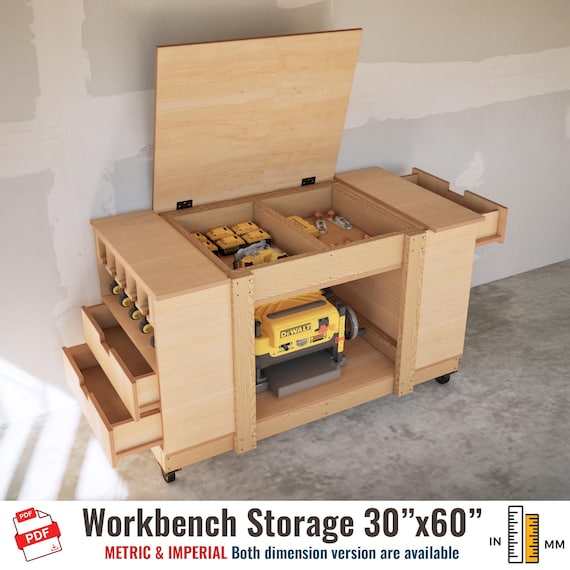 DIY Workbench Storage Plans, Tool Cabinet with Flip Top Lid, Drawers, Garage Organizer PDF