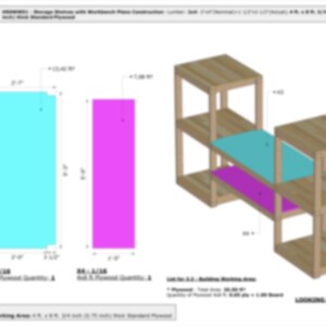 May include: Diagram of a wooden storage unit with a workbench. The unit has multiple shelves and a workbench area. The diagram includes measurements in feet and inches. The unit is made of wood and has a natural finish.