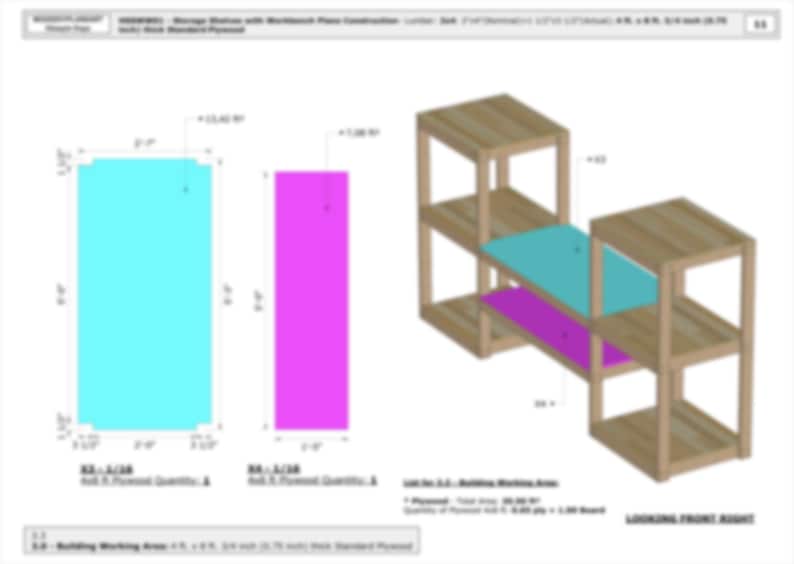 May include: Diagram of a wooden storage unit with a workbench. The unit has multiple shelves and a workbench area. The diagram includes measurements in feet and inches. The unit is made of wood and has a natural finish.
