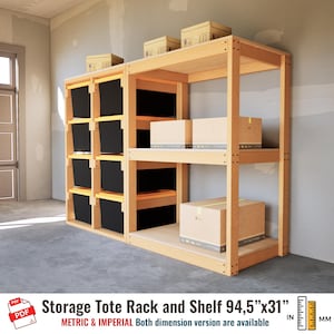 May include: A wooden storage rack with three shelves and black tote bins. Cardboard boxes are placed on the shelves. The text "Storage Tote Rack and Shelf 94.5"x31"" is displayed below the rack.