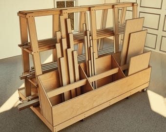 DIY-ritningar för 10 x 2,1 meter långa förvaringsvagnar för rullande trä – Mobil verkstadsorganisatör för skrotvirke och plywoodskivor i PDF-format