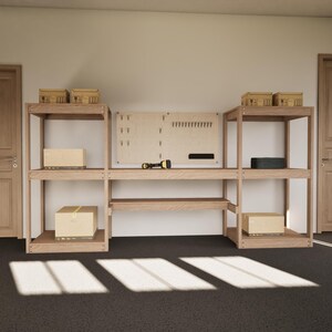 May include: A wooden workbench with shelves and a pegboard. Cardboard boxes and a black tool case are on the shelves. A yellow and black drill sits on the workbench. The workbench is in a room with a dark carpet.