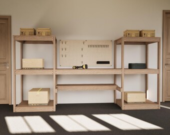 DIY収納棚と作業台プラン – 幅11フィートの木製ユニット（複数の棚と