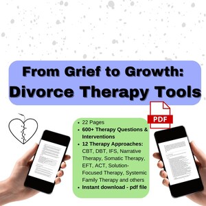 Puede incluir: Una ilustración digital de un corazón roto con puntos de sutura, que representa el divorcio. El texto "From Grief to Growth: Divorce Therapy Tools" se muestra en azul y blanco. La imagen también muestra una pantalla de teléfono que muestra un documento PDF con el texto "22 Pages, 600+ Therapy Questions & Interventions, 12 Therapy Approaches: CBT, DBT, IFS, Narrative Therapy, Somatic Therapy, EFT, ACT, Solution-Focused Therapy, Systemic Family Therapy and others, Instant download - pdf file" en texto negro.