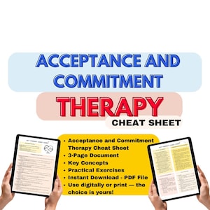 May include: A digital cheat sheet for Acceptance and Commitment Therapy (ACT) with the title "Acceptance and Commitment Therapy Cheat Sheet". The cheat sheet is displayed on a tablet computer held by two hands. The cheat sheet includes key concepts, practical exercises, and information about the 3-page document. It also states that the download is instant and available as a PDF file. The user can choose to use the cheat sheet digitally or print it.
