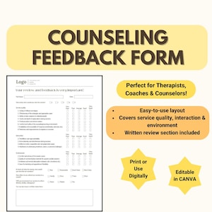 Counseling Feedback Form, Therapy Session Feedback, Client Review Form, Canva Editable Printable Therapist Tools, Private Practice Forms