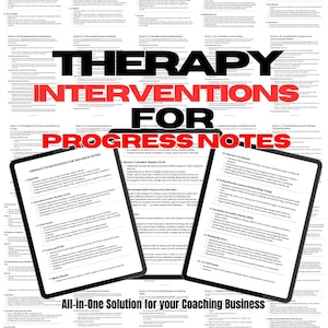 May include: A digital product for therapists and coaches. The image shows a tablet screen displaying a list of therapy interventions for progress notes. The text on the screen reads "Therapy Interventions for Progress Notes" and "All-in-One Solution for your Coaching Business".