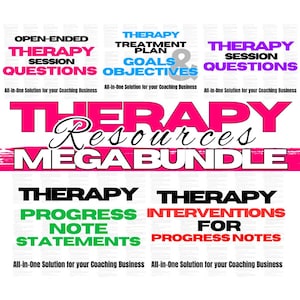 Pode incluir: Um gráfico rosa, vermelho e branco com o texto "THERAPY Resources MEGA BUNDLE" e quatro recursos de terapia diferentes: "Open-Ended Therapy Session Questions", "Therapy Treatment Plan Goals & Objectives", "Therapy Session Questions", "Therapy Progress Note Statements" e "Therapy Interventions for Progress Notes". Cada recurso tem o texto "All-in-One Solution for your Coaching Business" abaixo.