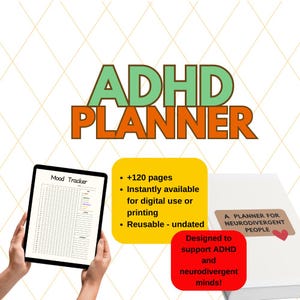 ADHD 印刷可能プランナー、ADHD デジタルプランナー、ADHD ワークブック、神経多様性ジャーナル、成人 ADHD 生産性、セルフケア、財務トラッカー