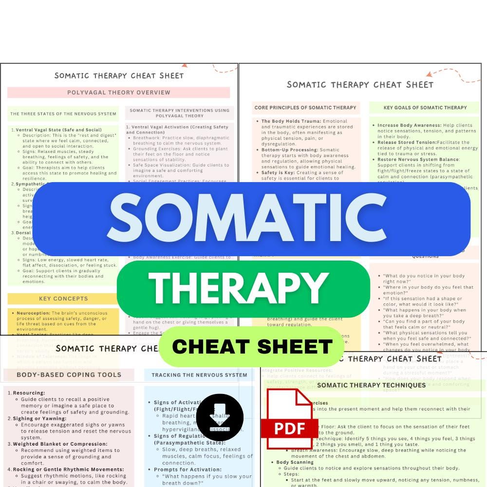 Somatic Therapy Cheat Sheets, Polyvagal Theory Resources, Somatic ...