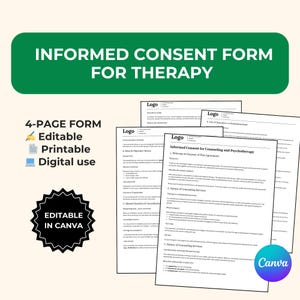 Informed Consent for Counseling Therapy Form, Client Consent Form, Counseling Mental Health Intake Form Template Editable Printable Canva