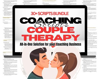 May include: A laptop screen displaying a digital product for coaching scripts for couples therapy. The text on the screen reads "30+ SCRIPTS BUNDLE COACHING Scripts COUPLE THERAPY All-in-One Solution for your Coaching Business". The screen is surrounded by a heart shape with a cartoon couple kissing inside.