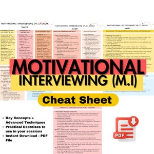 May include: A motivational interviewing cheat sheet with key concepts, advanced techniques, practical exercises, and a download button for a PDF file. The cheat sheet is on a white background with a red, yellow, and blue color scheme.