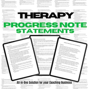 以下が含まれることがあります： コーチやセラピストのためのデジタルマーケティングリソース。画像には、画面にテキストが表示されたタブレットが3つ表示されています。タブレットのテキストには、「Therapy Progress Note Statements」と「All-in-One Solution for your Coaching Business」が含まれています。