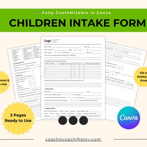 Könnte beinhalten: Drei druckbare Kinderaufnahmeformulare mit Abschnitten für persönliche Informationen, Schulgeschichte und Schwangerschaftsverlauf. Die Formulare sind weiß mit schwarzem Text und tragen die Aufschrift "Fully Customizable in Canva".