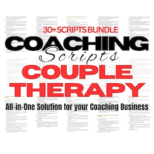 Puede incluir: Un gráfico rojo y negro con el texto "30+ SCRIPTS BUNDLE COACHING Scripts COUPLE THERAPY All-in-One Solution for your Coaching Business".