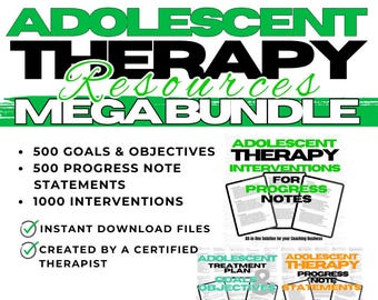 Bundel jeugdtherapie, therapie-interventies, vragen over tienertherapie, doelstellingen voor kindertherapie, therapieverklaringen, voortgangsnotities
