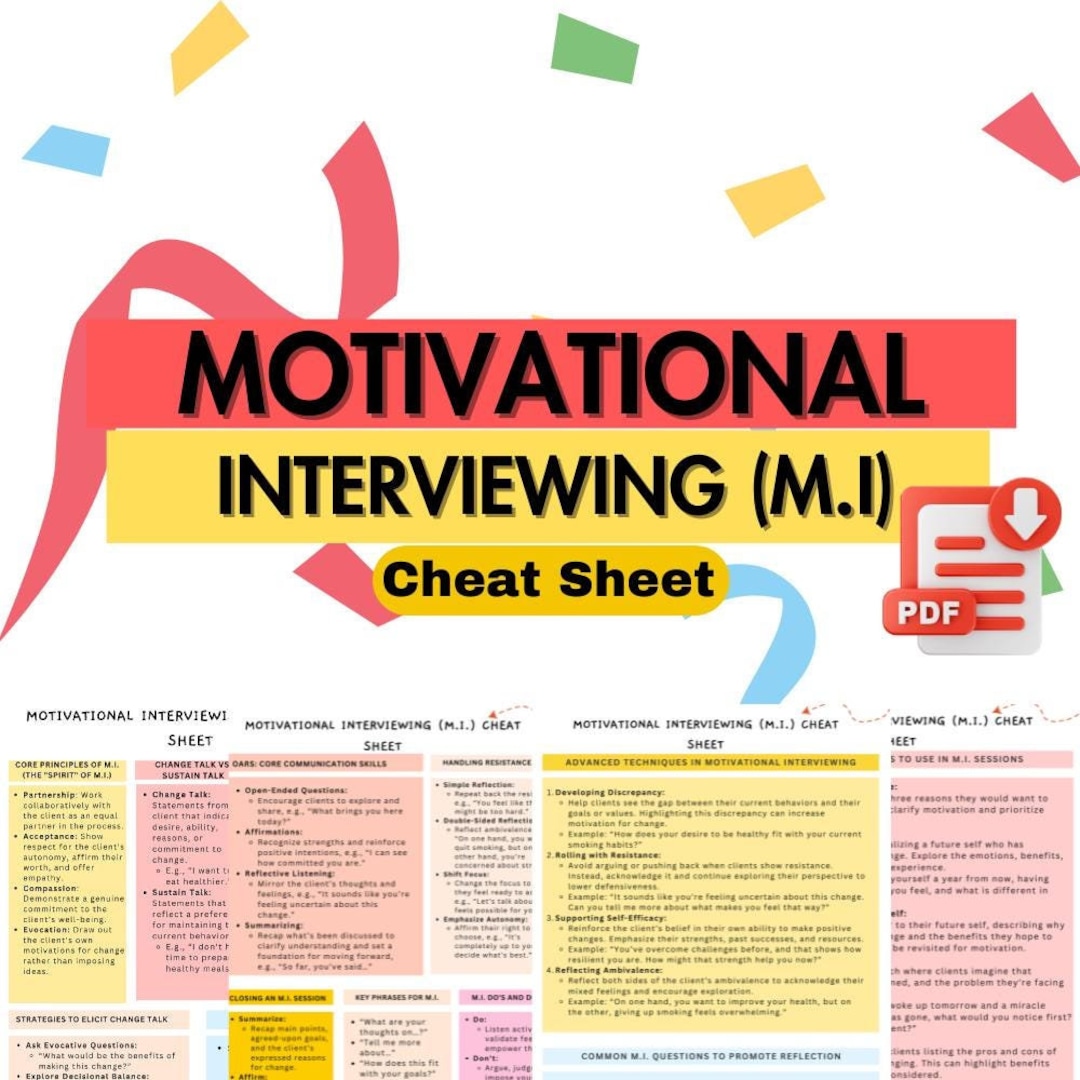 Motivational Interviewing Cheat Sheet, Therapy Worksheets Resources, MI ...