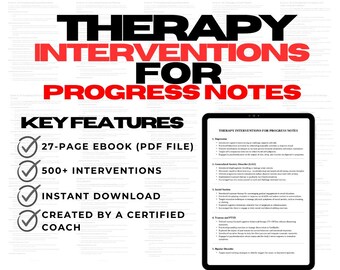 Therapy Interventions for Progress Notes, Therapy session notes, Counselor Notes, psycho therapy notes, therapist planner, treatment plan