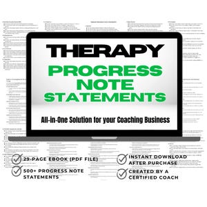 Pode incluir: Um ecrã de computador portátil que mostra um produto digital para notas de progresso de terapia. O texto no ecrã diz "Therapy Progress Note Statements" e "All-in-One Solution for your Coaching Business". O ecrã também mostra uma marca de verificação verde ao lado do texto "29-Page Ebook (PDF File)", "500+ Progress Note Statements", "Download instantâneo após a compra", e "Criado por um treinador certificado".