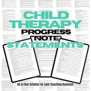 Pode incluir: A imagem apresenta o texto "CHILD THERAPY PROGRESS NOTE STATEMENTS" em negrito e grande. Dois tablets exibem texto, com a frase "All-in-One Solution for your Coaching Business" na parte inferior. O fundo é preenchido com texto.