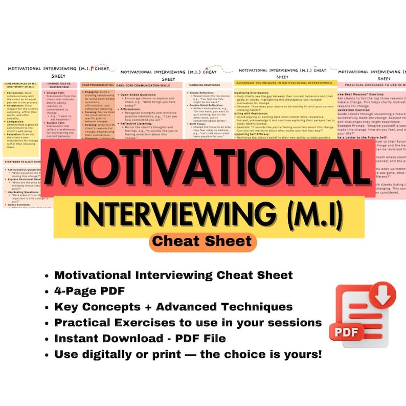 Motivational Interviewing Cheat Sheet, Therapy Worksheets Resources, MI ...