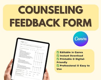 May include: A counseling feedback form template in Canva. The form is on a tablet held by hands. The form has a title "Your review and feedback is very important!" and a list of questions with a rating scale. The form is editable in Canva, printable, and available for instant download.