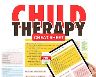 May include: A digital cheat sheet for child therapy with key phrases and tips for therapists. The cheat sheet includes sections on summarizing the session, checking in for comfort, previewing the next session, affirming and encouraging, and planning a small goal. The cheat sheet also includes key phrases for child therapy, such as "Can you tell me more about how that feels?" and "It's okay to feel how you're feeling."