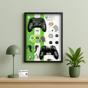 May include: Framed print of an Xbox Controller S, disassembled to show its components. The black frame surrounds a green and white background with the controller's parts arranged for display. The Xbox logo is visible.