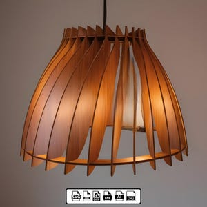 May include: A wooden pendant light fixture with a unique, geometric design. The light fixture is made of thin, curved pieces of wood that create a modern and stylish look.