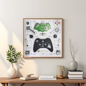 Puede incluir: Un póster enmarcado con fondo blanco y un mando Xbox 360 negro y verde en el centro. El póster muestra un diagrama de las partes del mando, incluidos los botones, los sticks y los gatillos. El texto "Xbox 360" está impreso en negro en la parte inferior del póster.