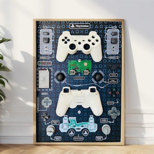 May include: A white PlayStation controller is disassembled and displayed on a black background with blue and white geometric patterns. The controller's components are labeled with their names, such as "buttons", "vibration motor", and "direction pad".