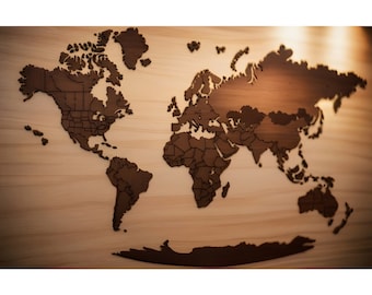 May include: A brown wooden world map with the continents and countries outlined in a darker brown. The map is mounted on a light wood background.