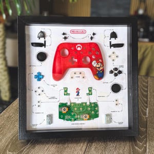 Könnte beinhalten: Eine gerahmte Darstellung eines zerlegten Nintendo Switch-Controllers mit Mario-Motiv. Die Darstellung enthält die Controller-Hülle, Tasten und andere Komponenten, die alle mit ihren Namen beschriftet sind.