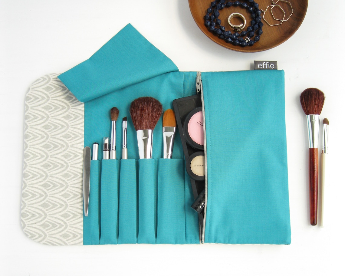 Makeup Travel Case. Simple Makeup Bag. Gray & Teal Travel Make Etsy