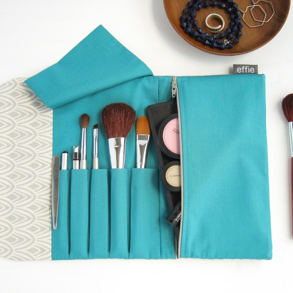 Makeup Travel Case. Simple Makeup Bag. Gray & Teal Travel Make Up Organizer. Womens Travel Gifts. Roll up Cosmetic Brush Bag. Makeup Storage