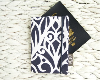 Graphic navy and white passport cover, womens' travel gift, stocking stuffer for traveler