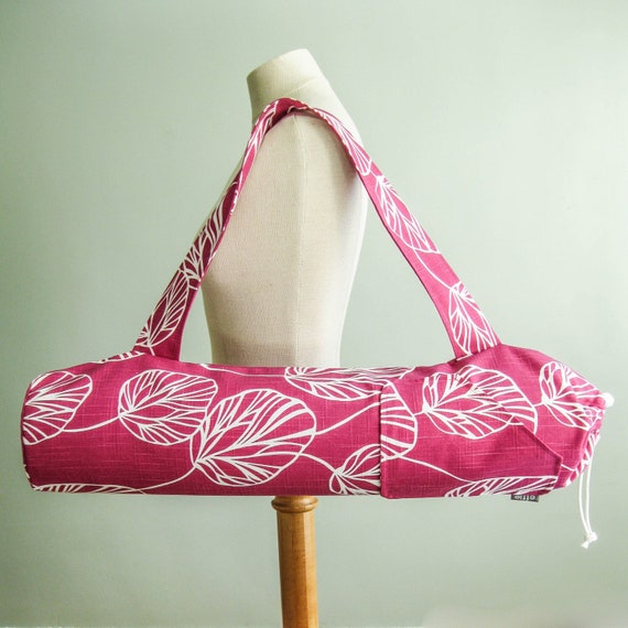 Yoga Mat Bag. Modern Yoga Bag Dark Pink With White Leaves. Yoga