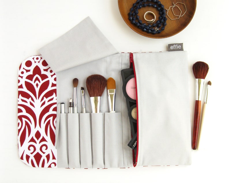 Travel Cosmetic Bag. Makeup Brush Holder. Compact Makeup Case. Brush Roll Makeup Bag. Red Makeup Organizer. Bridesmaid Travel Accessories image 1