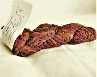 Caterpillar, Prism Yarn, Embers colorway, brown, bronze, burgundy, darker than pix, 65 yards, 100 nylon, thread and poofs, yarn destash