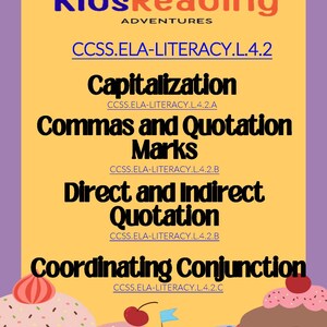 May include: A yellow poster with the text "KidsReading Adventures" and the title "CCSS.ELA-LITERACY.L.4.2". The poster lists four grammar topics: Capitalization, Commas and Quotation Marks, Direct and Indirect Quotation, and Coordinating Conjunction. Each topic is accompanied by the corresponding Common Core State Standards (CCSS) code. The poster is decorated with colorful cupcakes.