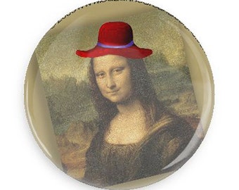 Funny Red Hat Gift, Mona Lisa Fridge Magnet or Pinback Red Hat Humor