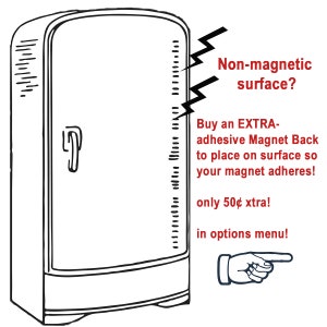 May include: A black and white line drawing of a refrigerator with a text bubble that says "Non-magnetic surface? Buy an EXTRA-adhesive Magnet Back to place on surface so your magnet adheres! only 50&cent; xtra! in options menu!"
