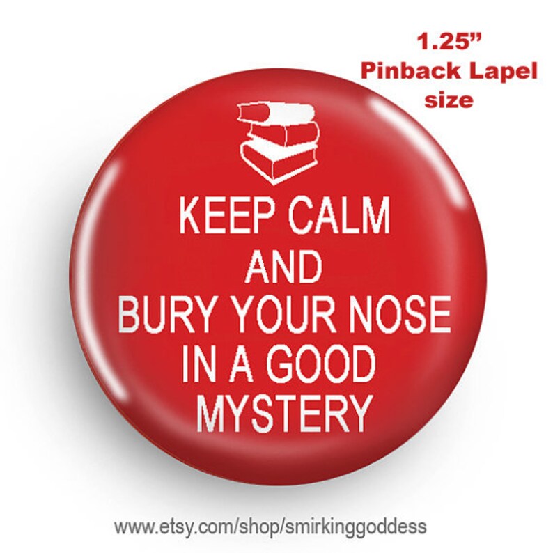 Funny Mystery Book Fan Pinback, Button Pin image 1