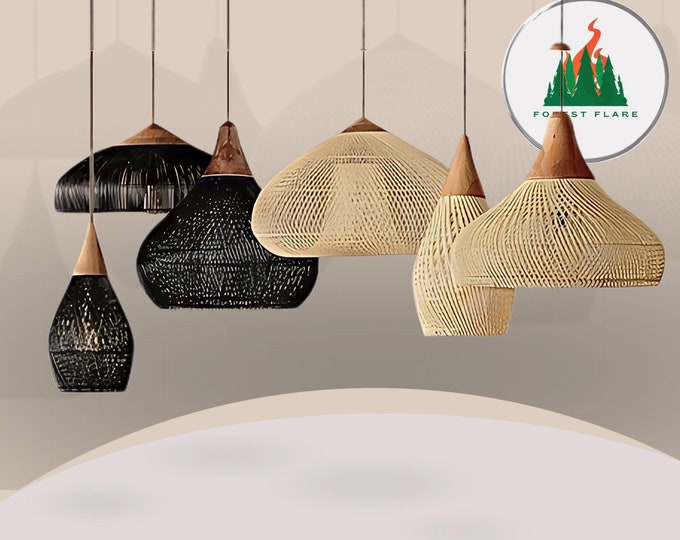 Featured listing image: Rustic Natural Rattan Pendant Light Shade, Wicker Rattan Light Fixture, Wooden Chandelier