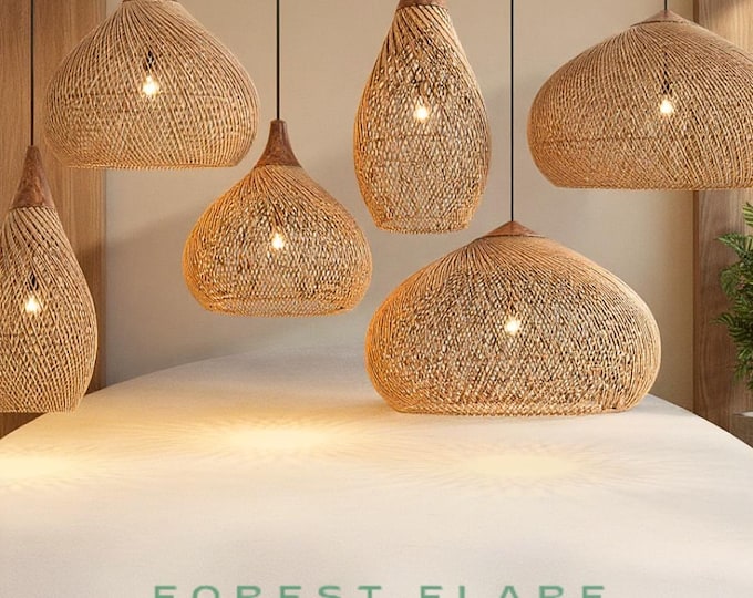 Featured listing image: Boho Rattan Pendant Light – Handmade Wicker Lampshade, Rustic Natural Ceiling Lamp, Eco-Friendly Lighting for Bedroom, Dining