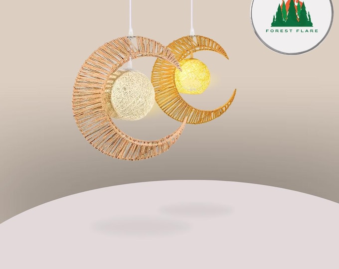 Featured listing image: Hand Woven Moon Shape Pendant Lamp. Chandelier Ceiling Light. Wicker Pendant Light