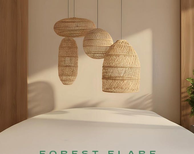 Featured listing image: Boho Rattan Pendant Light – Handmade Wicker Lampshade, Rustic Natural Ceiling Lamp, Eco-Friendly Lighting for Bedroom, Dining