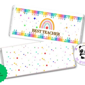 May include: Printable digital download of two chocolate bar wrappers featuring a rainbow, pencils, stars, and the text "BEST TEACHER". The second wrapper has a confetti pattern. The wrappers are designed by The Artful Panda.