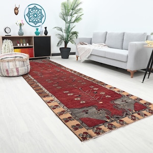 Deep red tree of life Turkish runner rug — 4x12 ft | Vintage wool hallway carpet | bohemian distressed decor